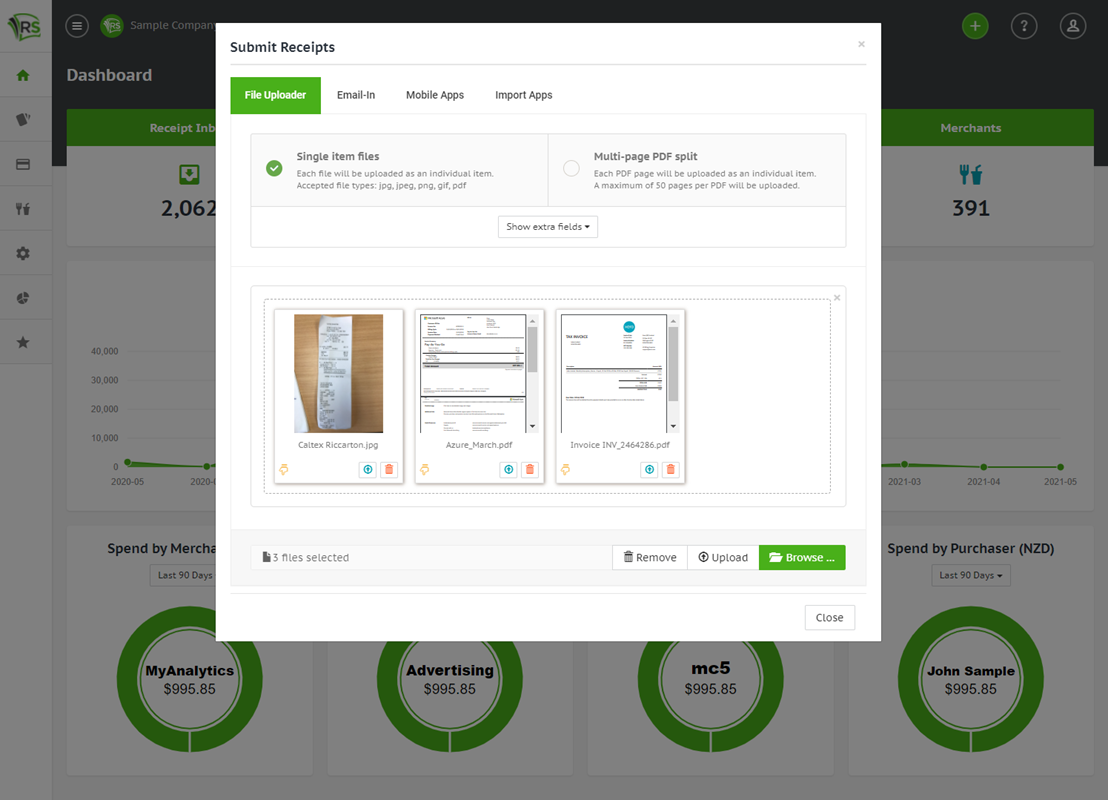 Receipt Stash dashboard upload files