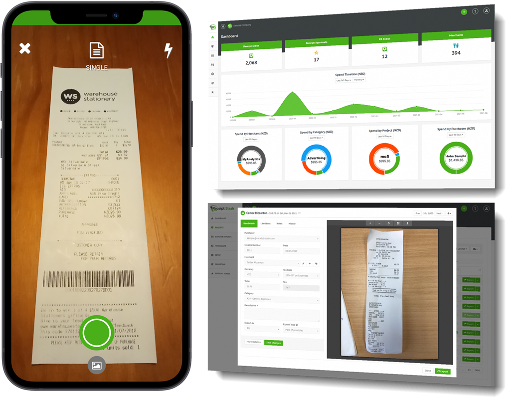 Receipt Stash mobile app with dashboard screens