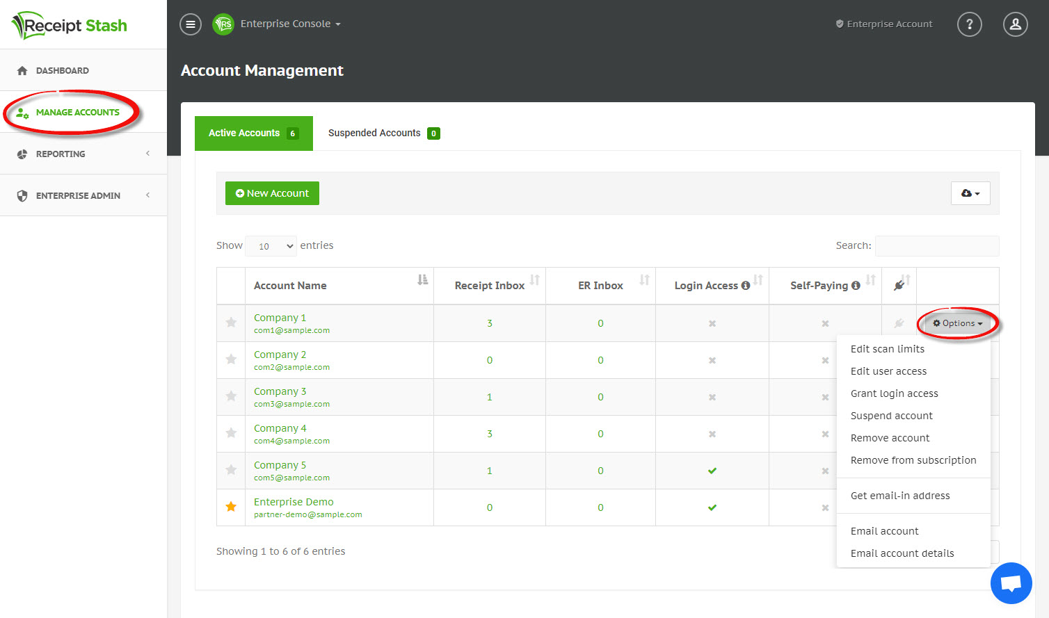 Enterprise console account options