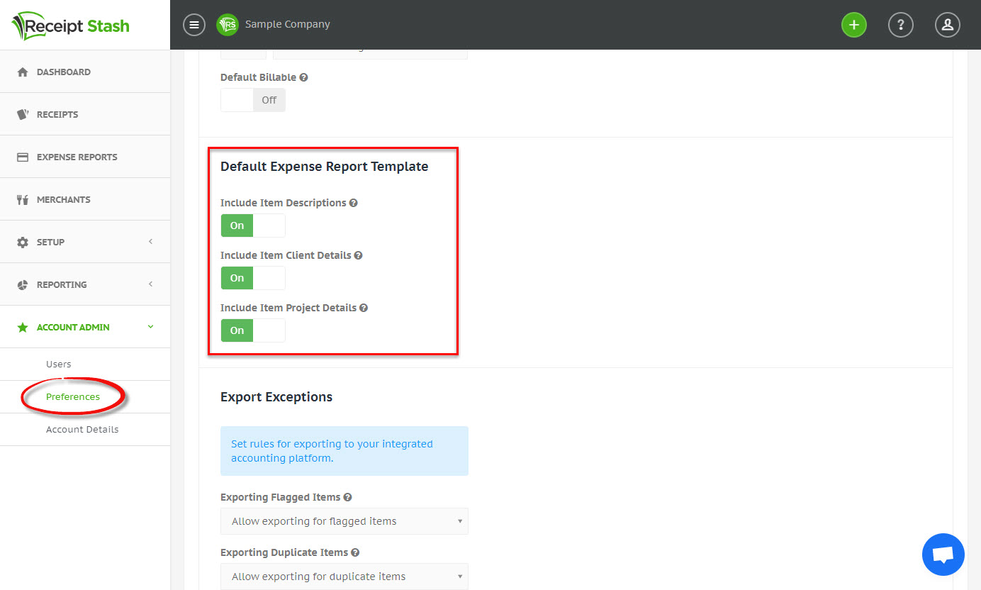 Default expense report settings