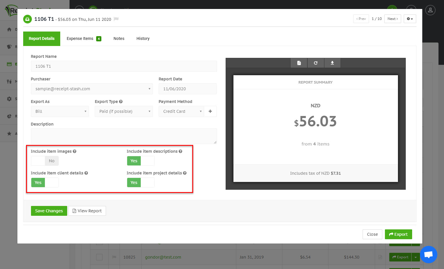 Expense report settings