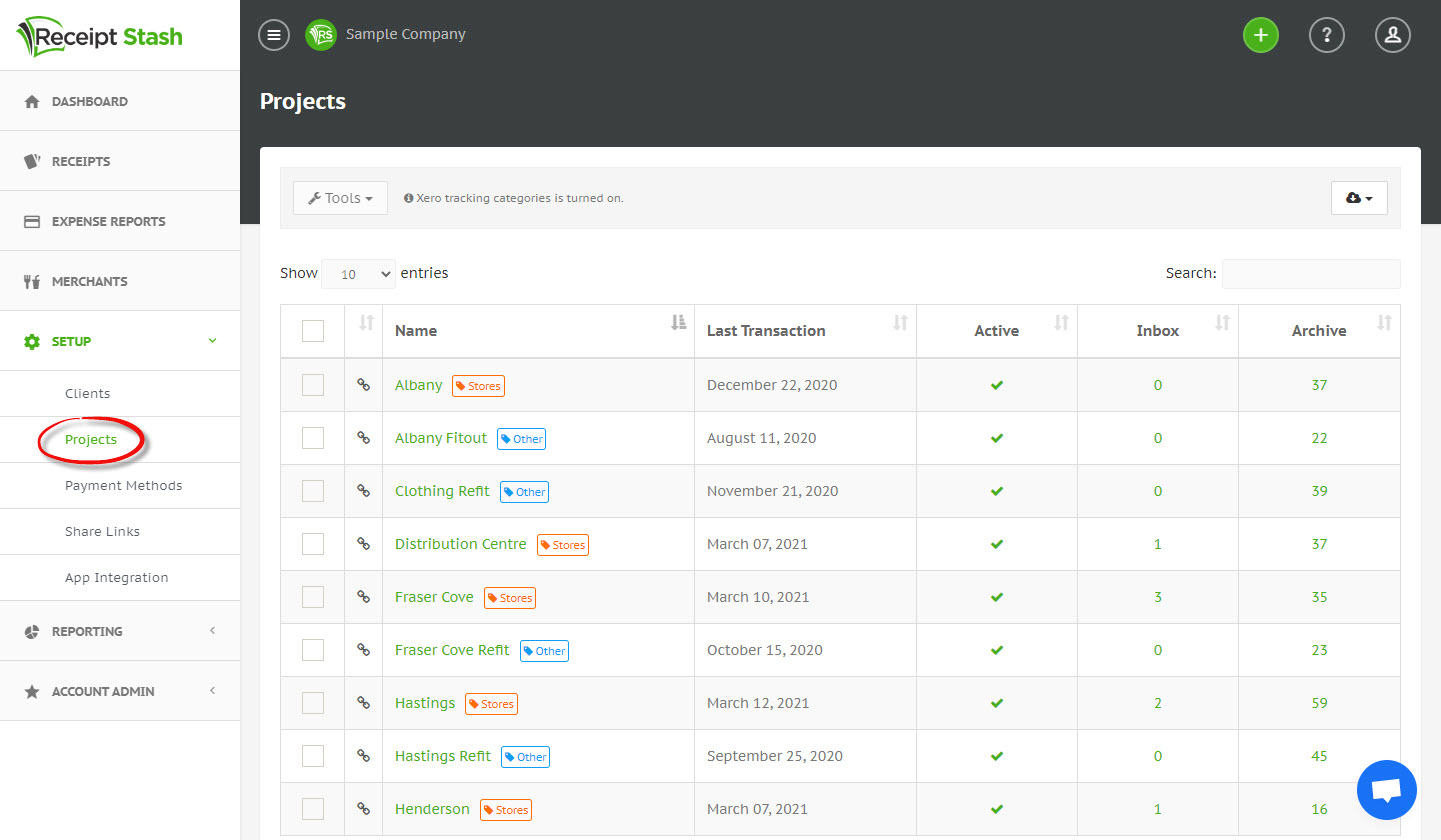 Xero tracking category list