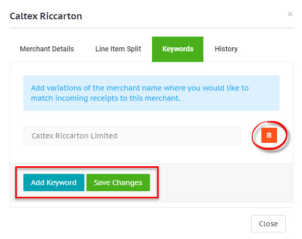 Merchant keyword details