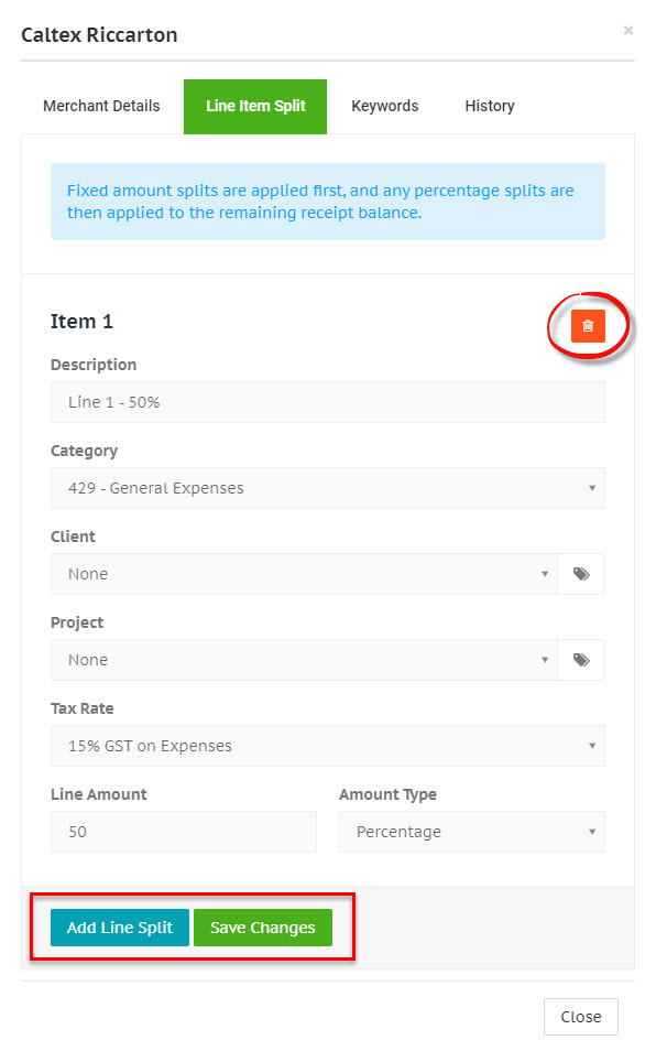 Merchant line split details