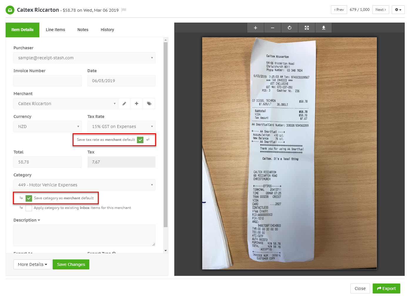 Save receipt value as merchant default