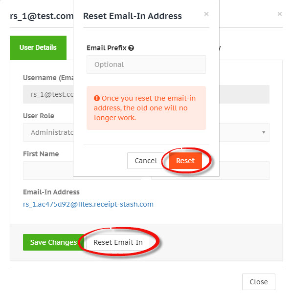 Reset user email-in address
