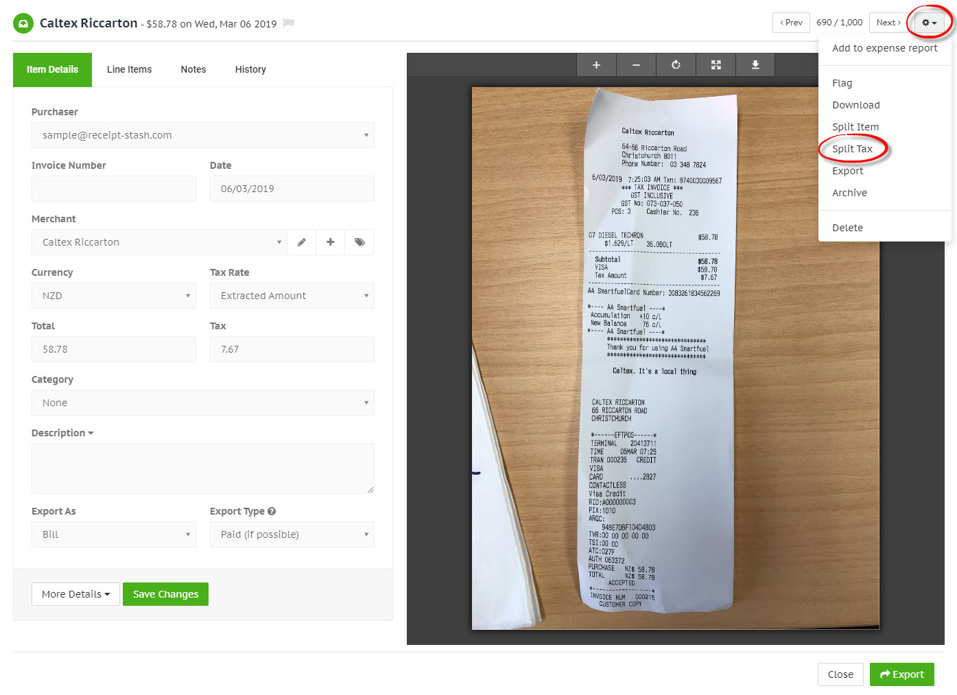 Split receipt tax