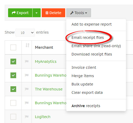 Tools email receipts