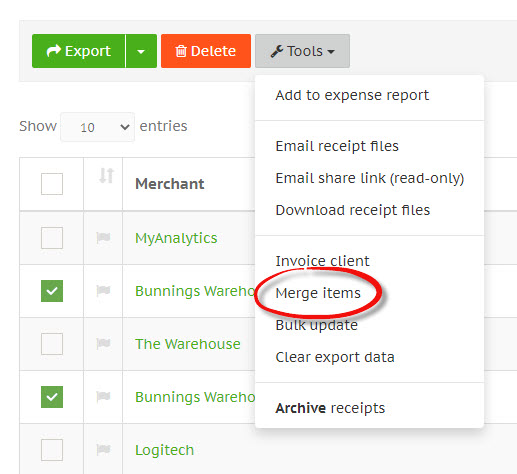 Tools merge receipts