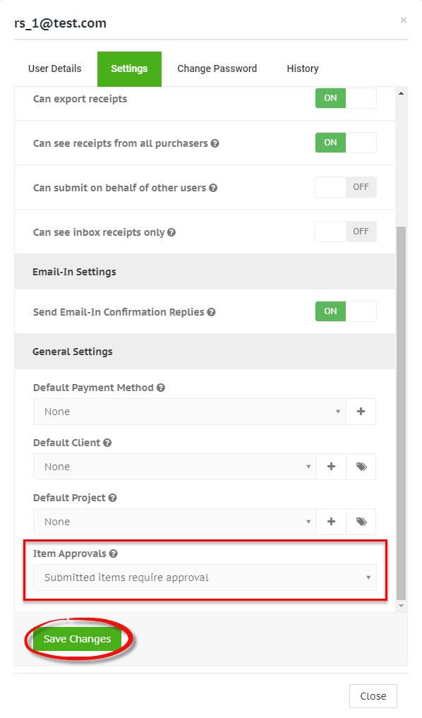 User item approval setting