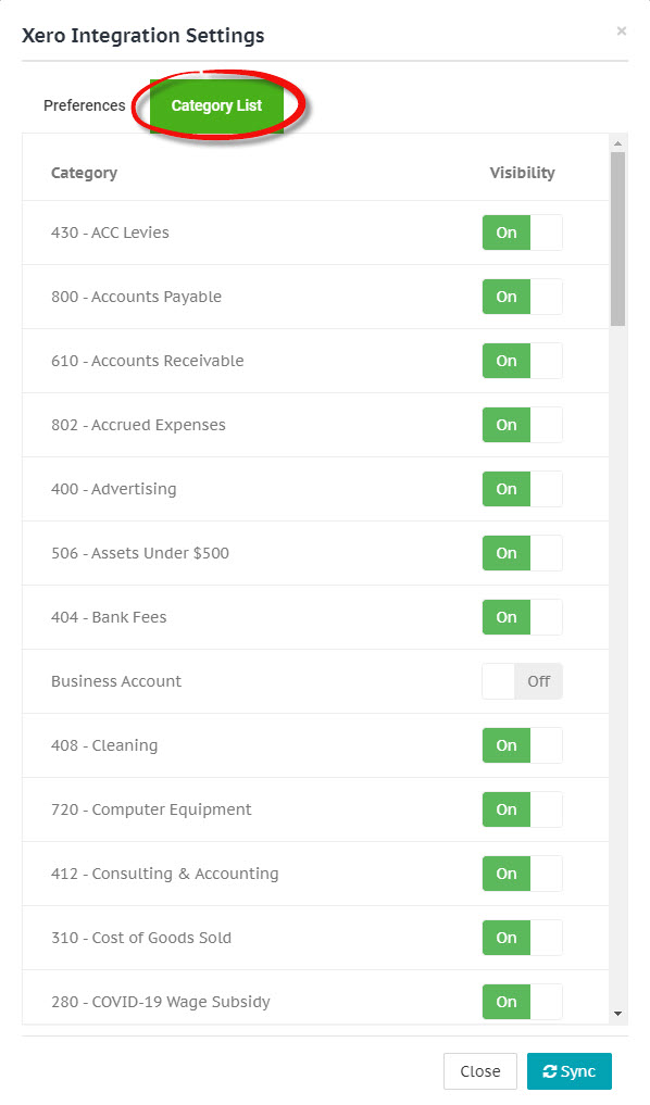 Xero category list