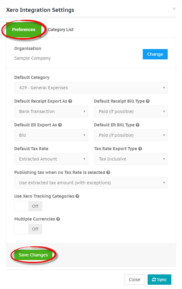 Xero integration settings