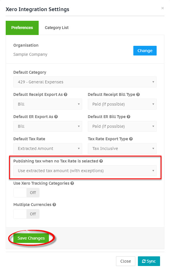 Xero publishing tax setting