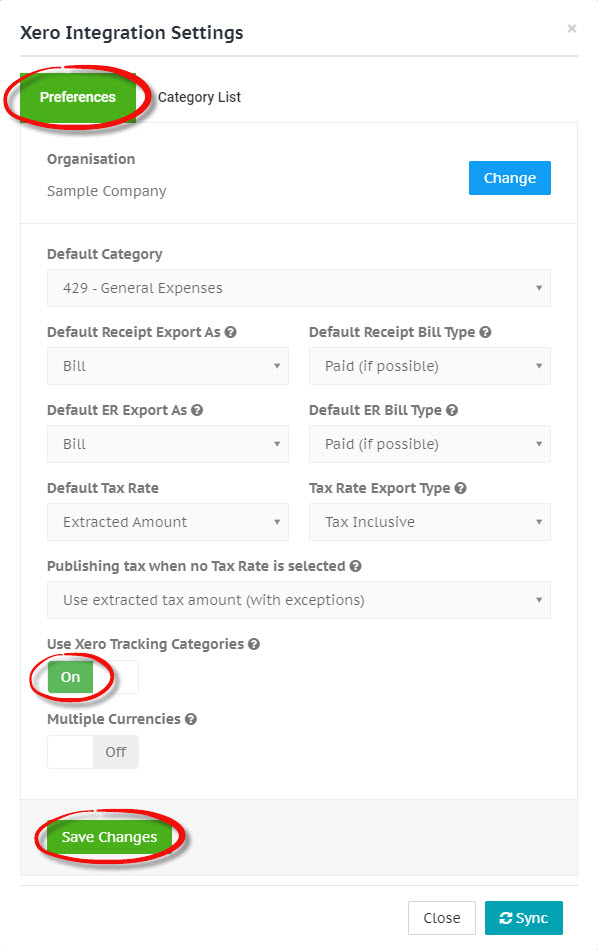 Xero tracking categories setting